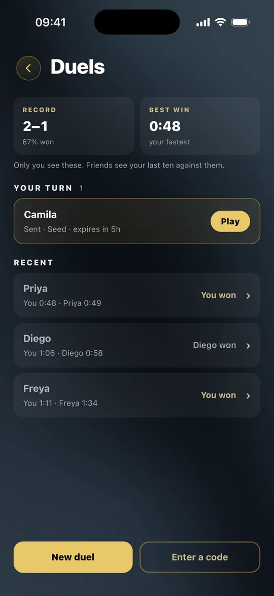 The Duels screen with your record, an open duel and recent results