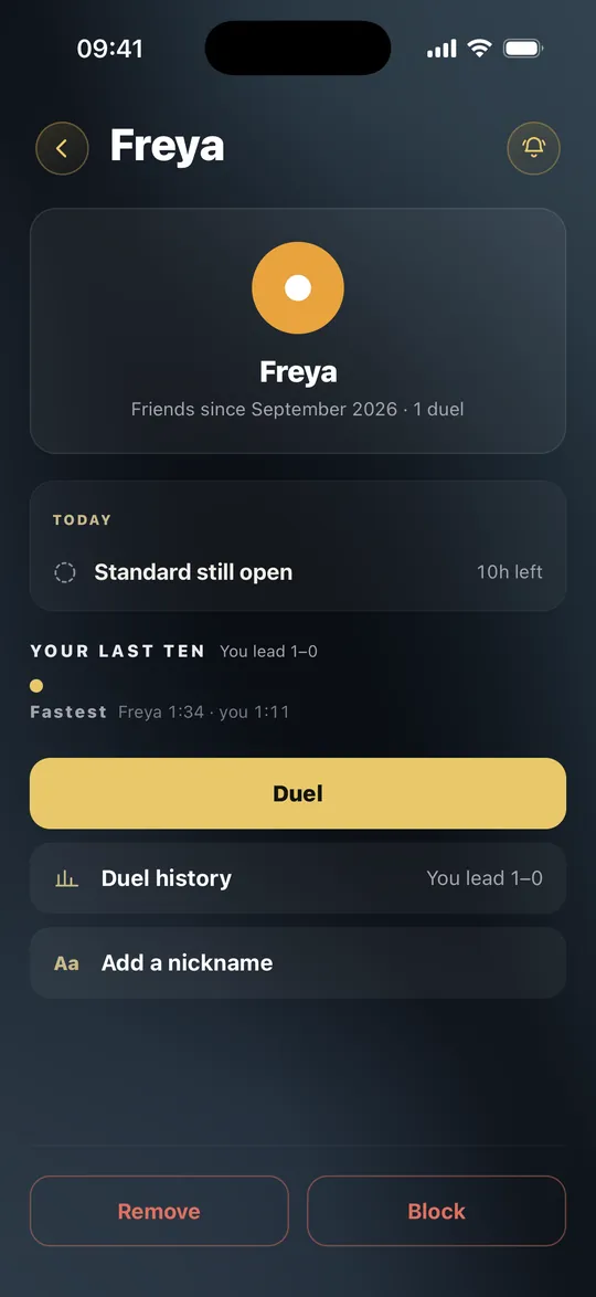 A friend’s page with Duel, Duel history, Add a nickname, Remove and Block