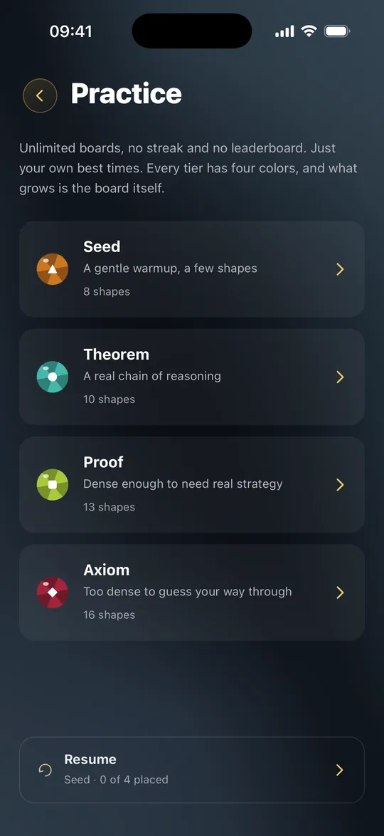 The Practice screen with the four levels: Seed, Theorem, Proof and Axiom