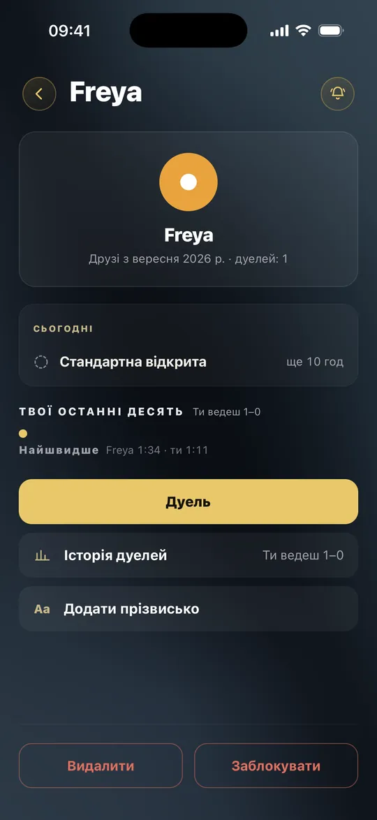 Сторінка друга: Дуель, Історія дуелей, Додати прізвисько, Видалити й Заблокувати
