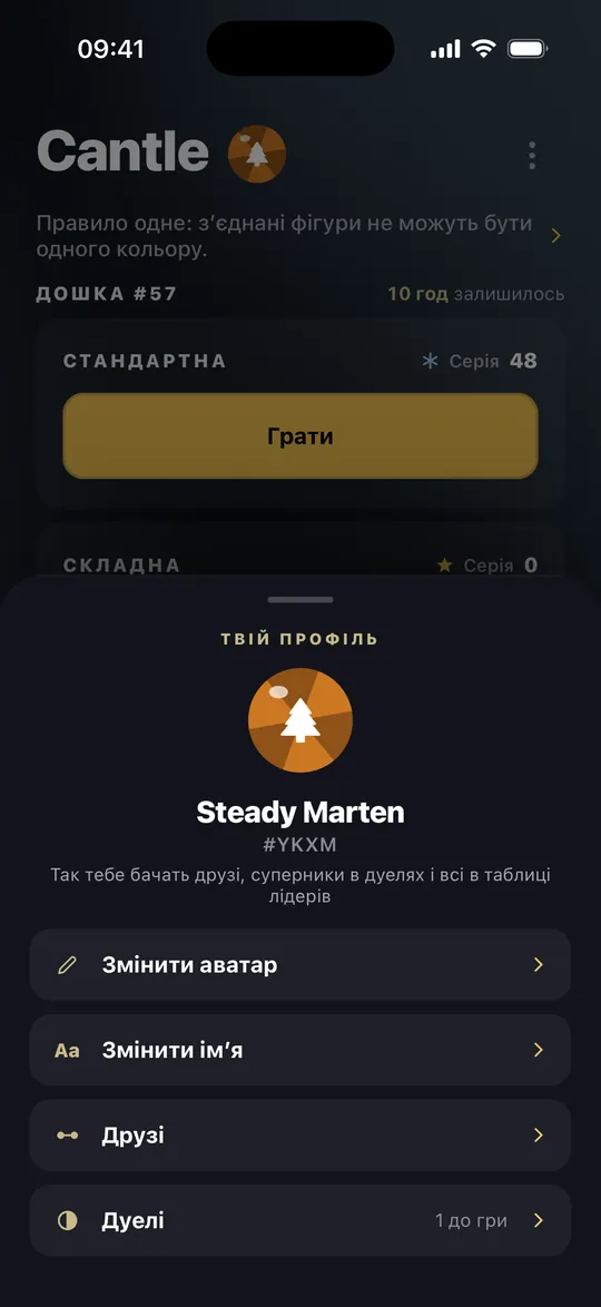 Профіль: Змінити аватар, Змінити ім’я, Друзі й Дуелі